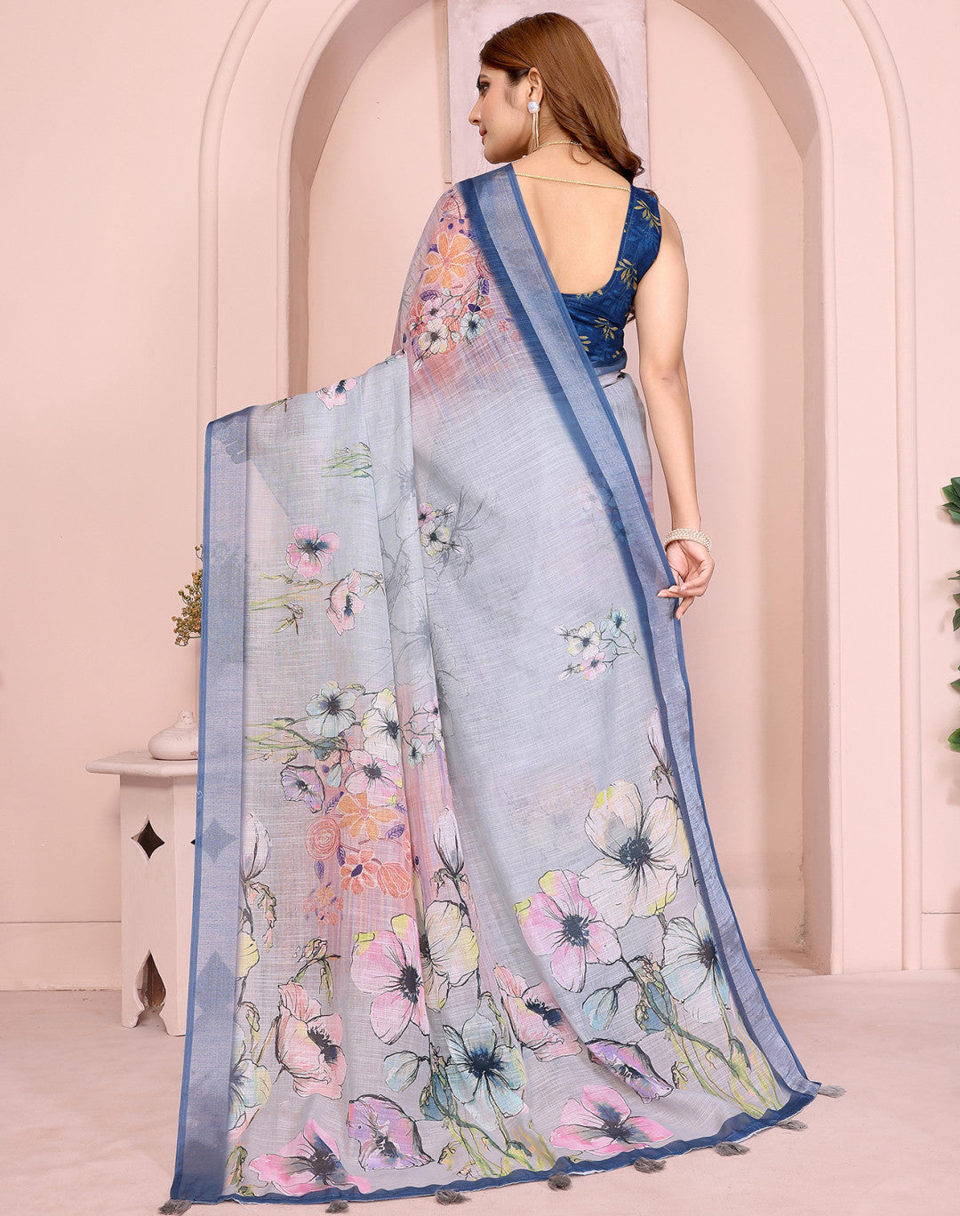 Multi Linen Cotton Saree With Digital Printed Work And Silver Zari Border