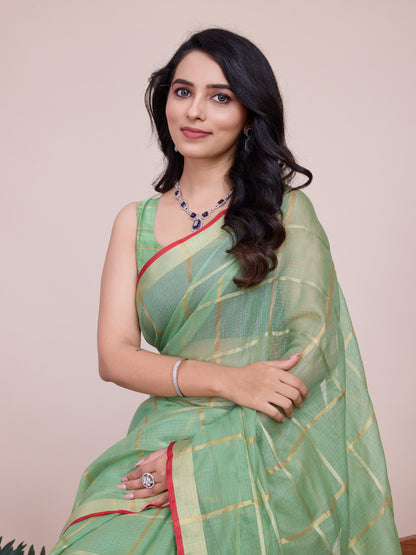 Pista Green Kota Doriya Saree With Zari Weaving Work