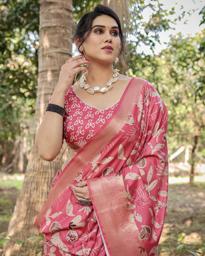 Pink Tussar Silk Saree with Floral Woven Motifs & Zari Border | Traditional Festive Wear – JaipurSaaj