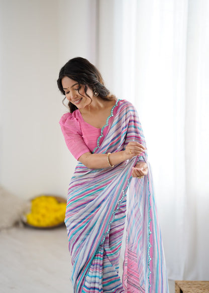 Multi Georgette Saree With Printed And Mirror Work With Arco Border