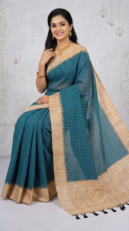 Firoji Tussar Silk Saree With Checks Weaving Work | Office & Festive Wear – JaipurSaaj