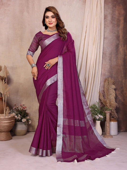 Magenta Linen Cotton Saree With Silver Zari Border