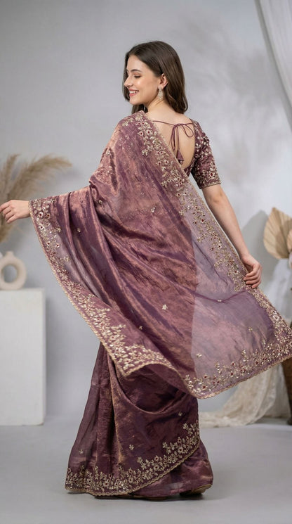 Lavender Fandy Chiffon Silk Saree With Sequin Work & Cut Work Border | Party & Reception Wear – JaipurSaaj