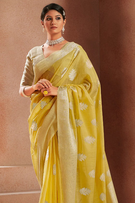 Yellow Soft Linen Silk Saree With Zari Weaving Work | Elegant Festive & Wedding Wear – JaipurSaaj