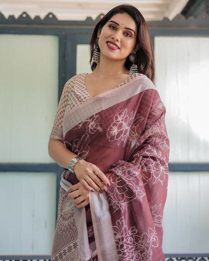 Maroon Digital Printed Linen Cotton Saree | Summer Special Office & Casual Wear – JaipurSaaj