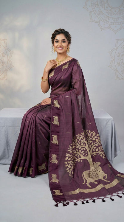 Wine Khadi Raw Silk Saree With Zari Weaving Cow Pallu & Border | Traditional Festive Wear – JaipurSaaj