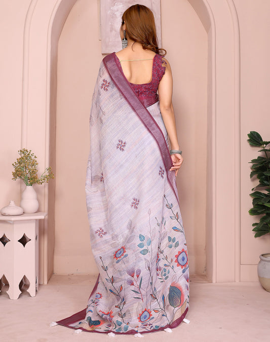 Lavender Linen Cotton Saree With Digital Printed Work And Silver Zari Border