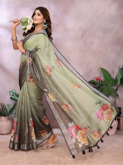 Multi Linen Cotton Saree With Digital Printed Work And Silver Zari Border