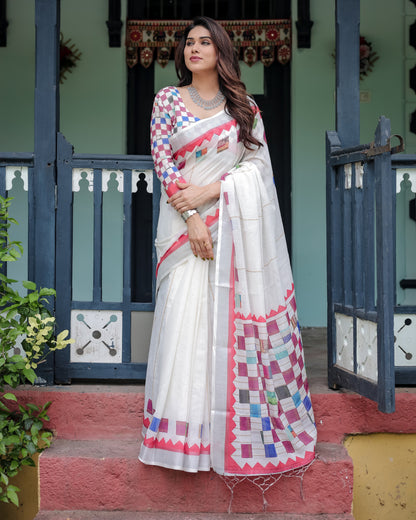 White Summer Special Digital Printed Linen Cotton Saree