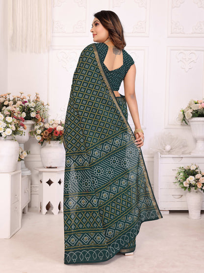 Green Bandhej Printed Soft Cotton Saree With Zari Border | Traditional Festive Ethnic Wear – JaipurSaaj