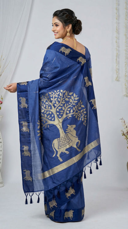 Navy Blue Khadi Raw Silk Saree With Zari Weaving Cow Pallu & Border | Traditional Festive Wear – JaipurSaaj
