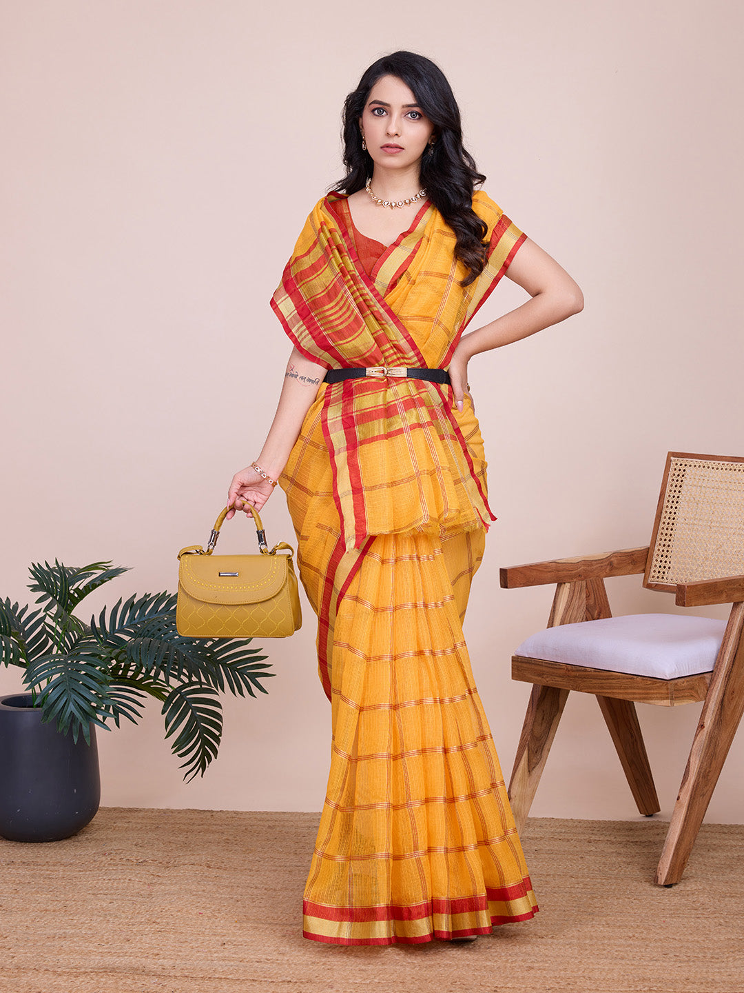 Yellow Kota Doriya Saree With Zari Weaving Work