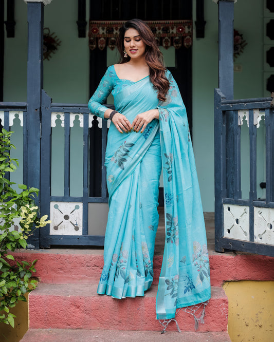 Sky Blue Floral Digital Printed Linen Cotton Saree
