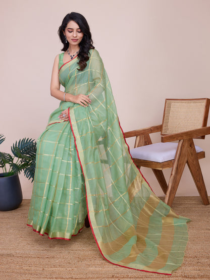 Pista Green Kota Doriya Saree With Zari Weaving Work
