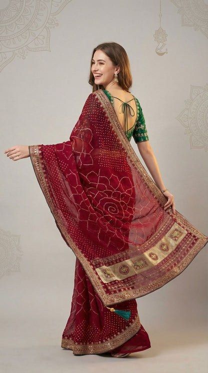 Pink Vichitra Silk Saree With Khadi Bandhej Heavy Pallu & Zari Border | Wedding & Festive Wear – JaipurSaaj