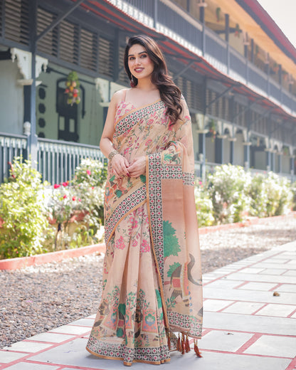 Cream Kalamkari Digital Printed Linen Cotton Saree | Summer Casual & Ethnic Wear – JaipurSaaj