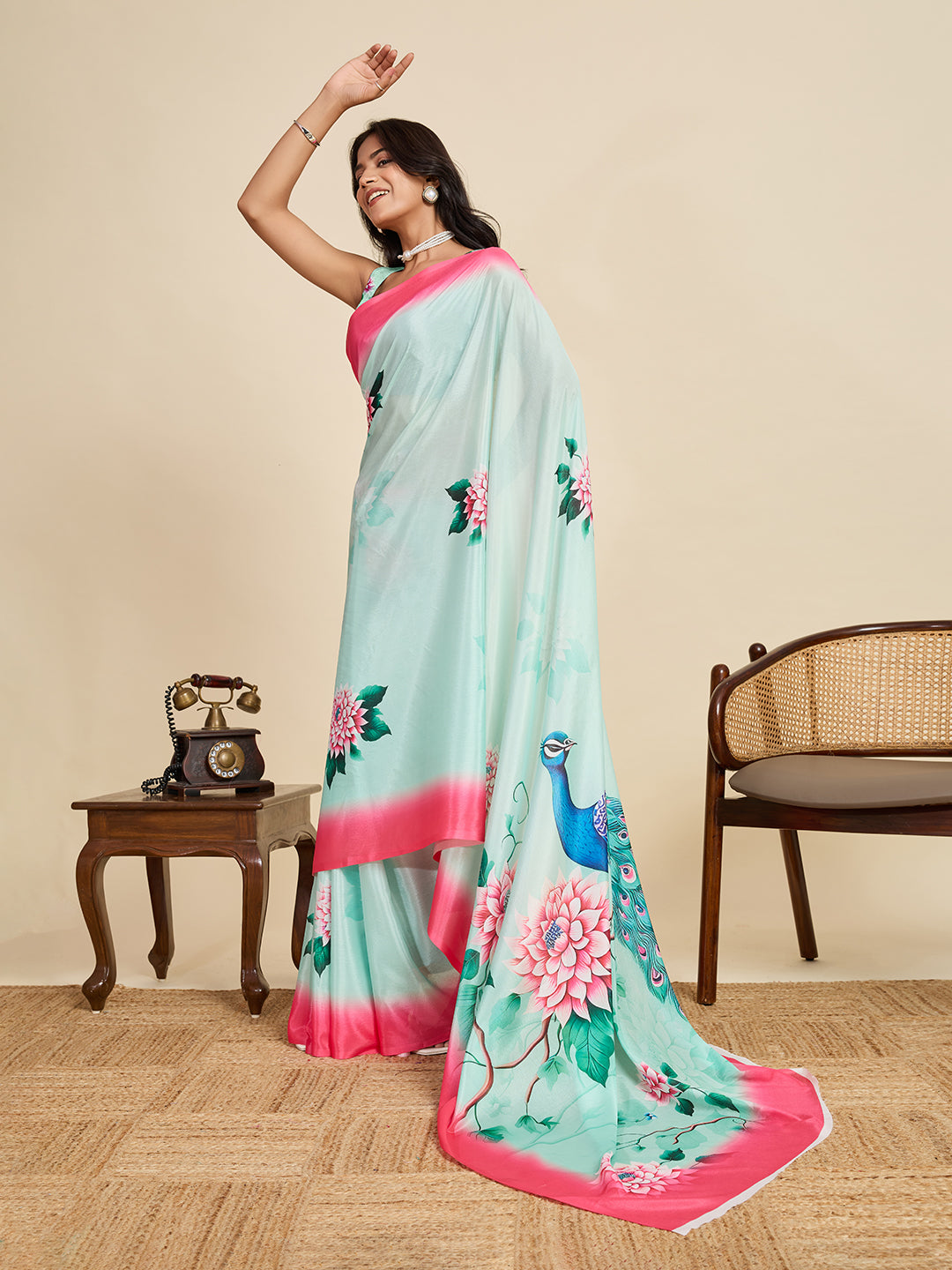 Sky Blue Soft Chinnon Silk Saree With Digital Printed Work