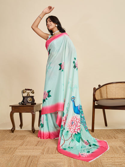 Sky Blue Soft Chinnon Silk Saree With Digital Printed Work