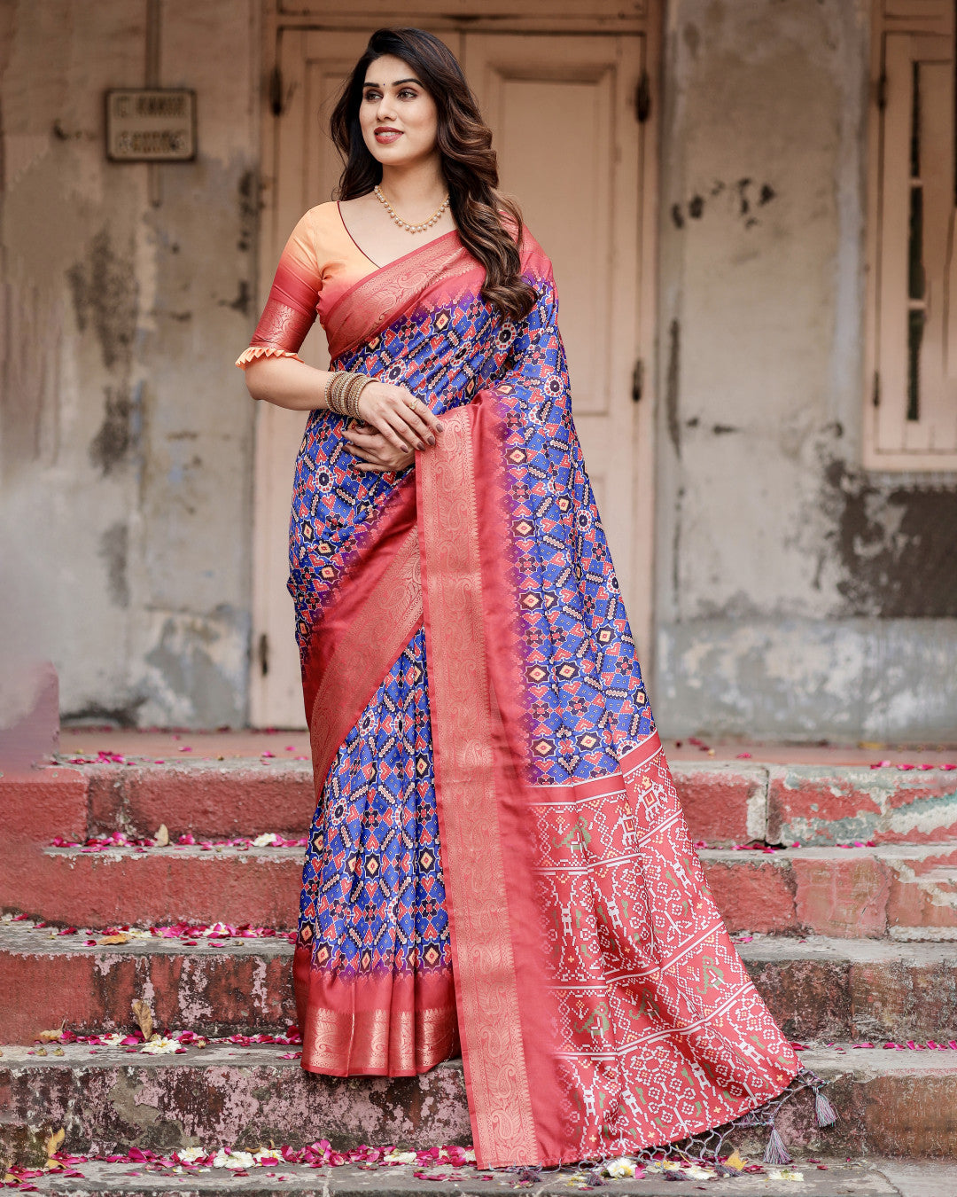 Royal Blue Digital Printed Tussar Silk Saree With Zari Motif Border | Designer Festive Ethnic Wear – JaipurSaaj