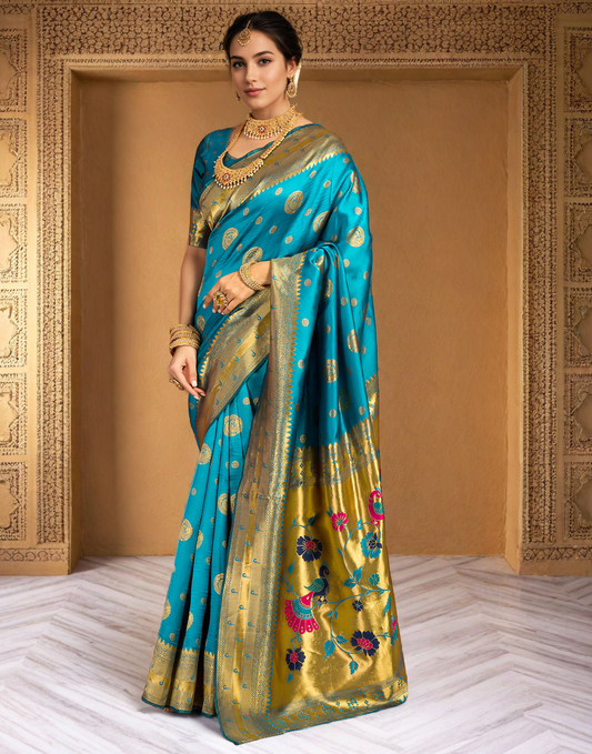 Firoji Paithani Silk Saree With Zari Weaving Work