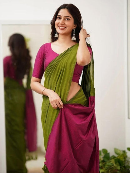 Mahendi Green Color Plain Khadi Cotton Saree With Fancy Tassel Work