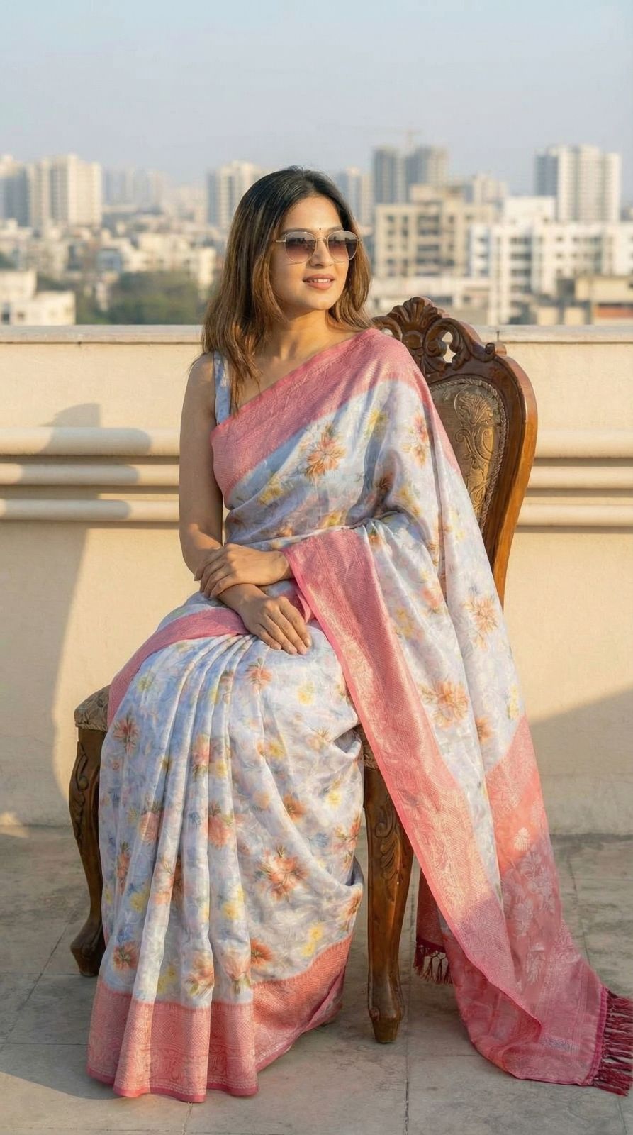 Lavender Brasso Silk Saree With Floral Print & Pink Zari Border | Party & Festive Wear – JaipurSaaj
