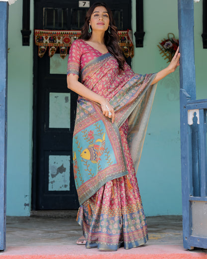 Multi Color Kalamkari Digital Printed Linen Cotton Saree | Summer Casual & Ethnic Wear – JaipurSaaj