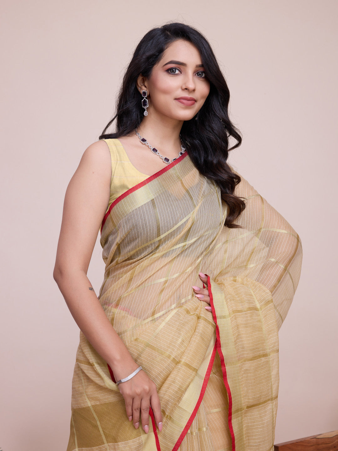 Beige Kota Doriya Saree With Zari Weaving Work