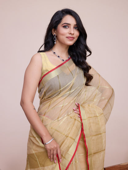 Beige Kota Doriya Saree With Zari Weaving Work