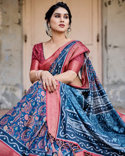 Navy Blue Tussar Silk Saree With Digital Kalamkari Print & Zari Motif Border | Casual & Festive Wear – JaipurSaaj