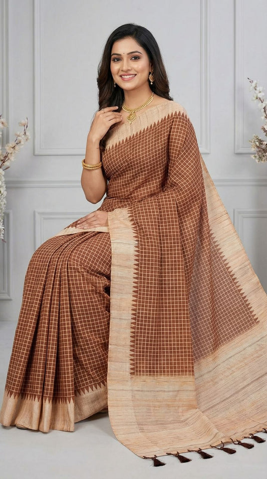 Brown Tussar Silk Saree With Checks Weaving Work