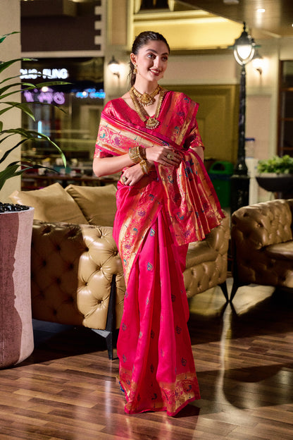 Traditional Pink Paithani Silk Saree With Zari Weaving Work