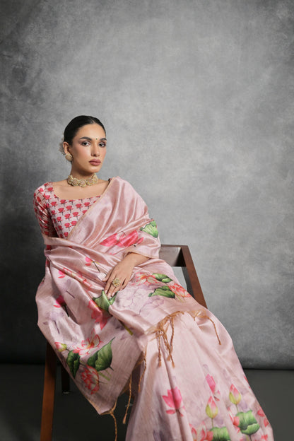 Pink Tussar Silk Saree with Lotus Floral Printed Work | Festive & Party Wear – JaipurSaaj