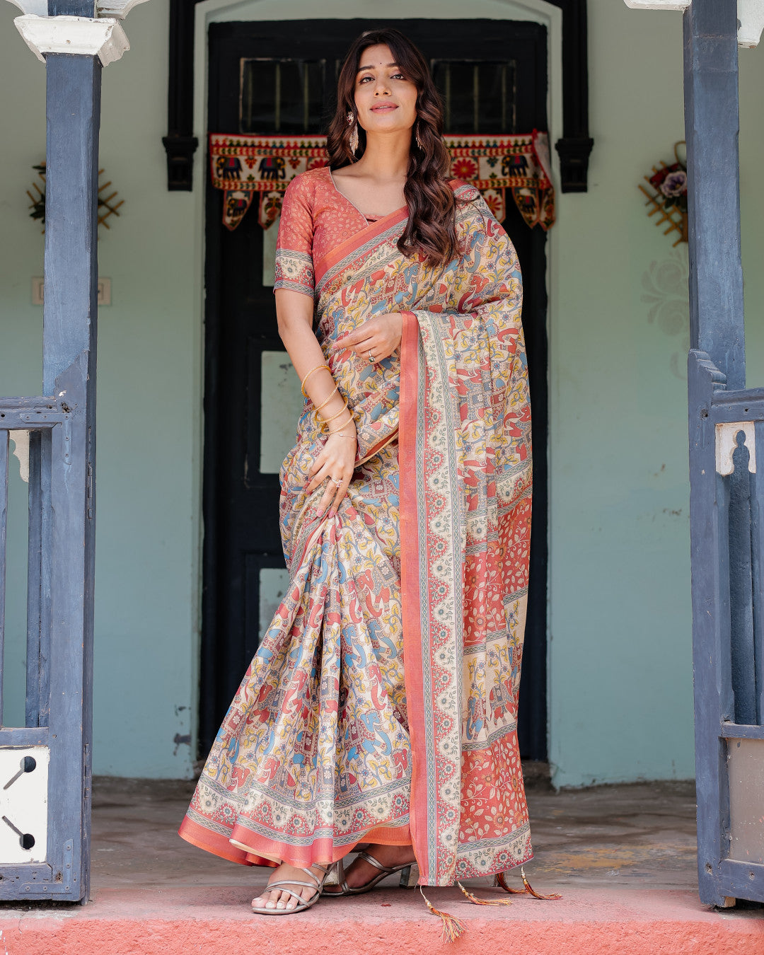 Multi Color Kalamkari Digital Printed Linen Cotton Saree | Summer Casual & Ethnic Wear – JaipurSaaj
