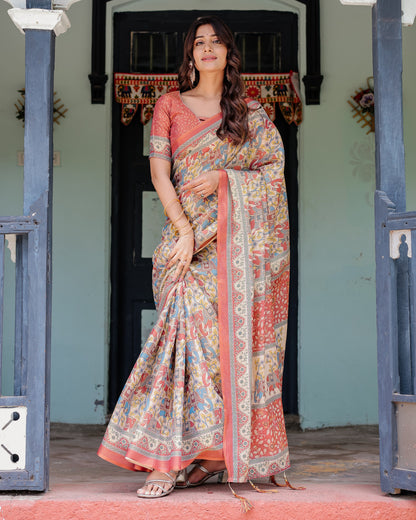 Multi Color Kalamkari Digital Printed Linen Cotton Saree | Summer Casual & Ethnic Wear – JaipurSaaj