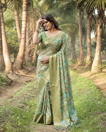 Light Green Digital Printed Tussar Silk Saree With Zari Motif Border | Traditional Casual & Festive Wear – JaipurSaaj