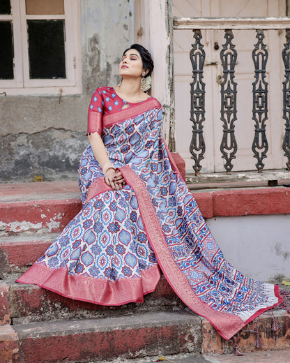 Multi Color Digital Printed Tussar Silk Saree With Zari Motif Border | Traditional Festive Ethnic Wear – JaipurSaaj