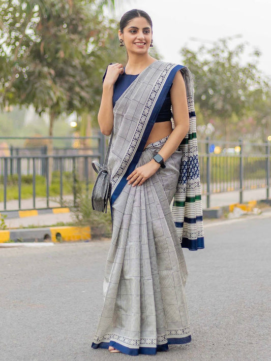 Navy Blue Color Soft Pure Cotton Silk Saree With Jaipur Block Print Work