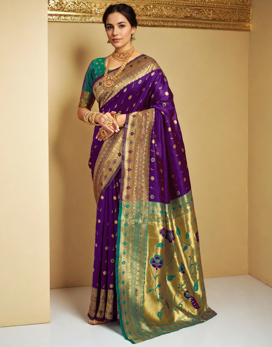 Traditional Wine Paithani Silk Saree With Zari Weaving Work
