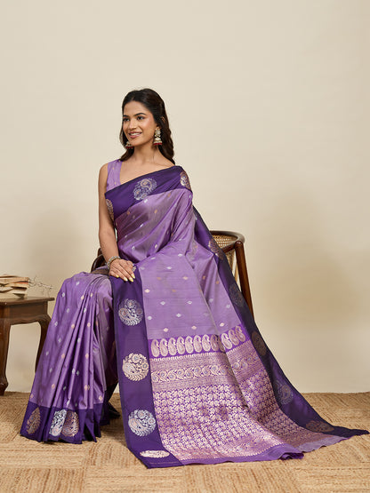 Lavender Soft Silk Saree With Silver Banarasi Zari Weaving Work | Festive Wear – JaipurSaaj