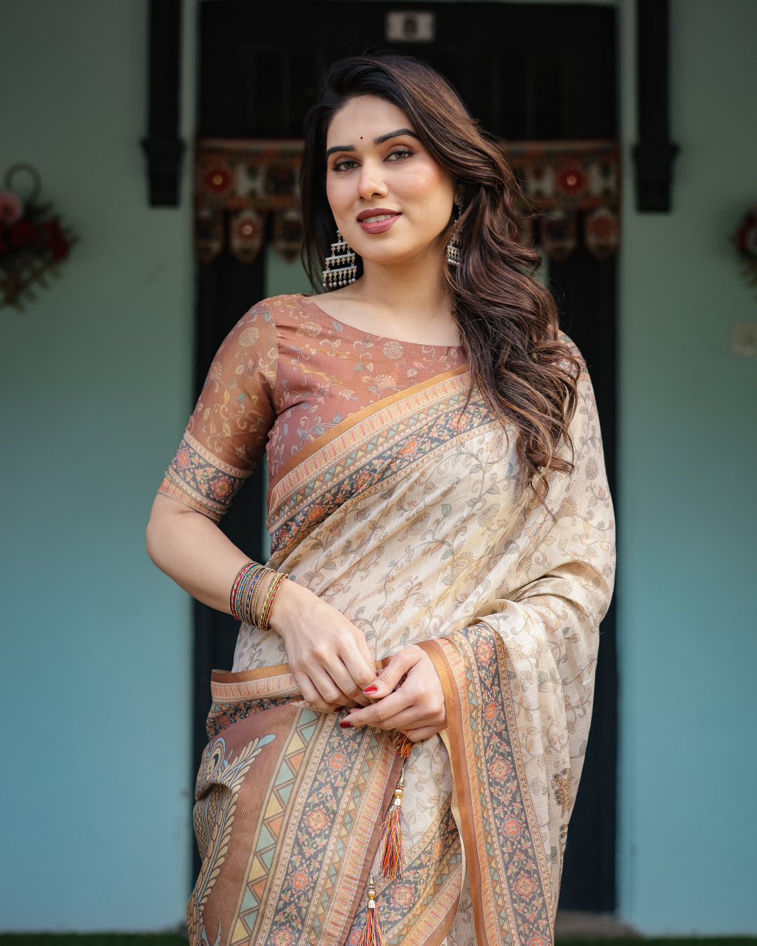 Beige Soft Linen Cotton Saree With Kalamkari Printed Work