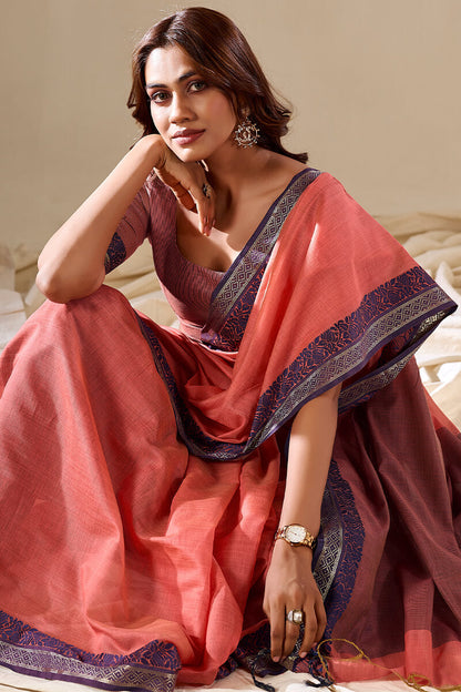 Peach Linen Cotton Saree With Weaving Work