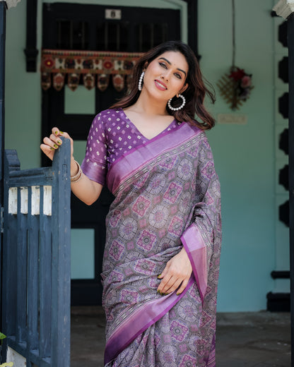 Magenta Summer Special Digital Printed Linen Cotton Saree
