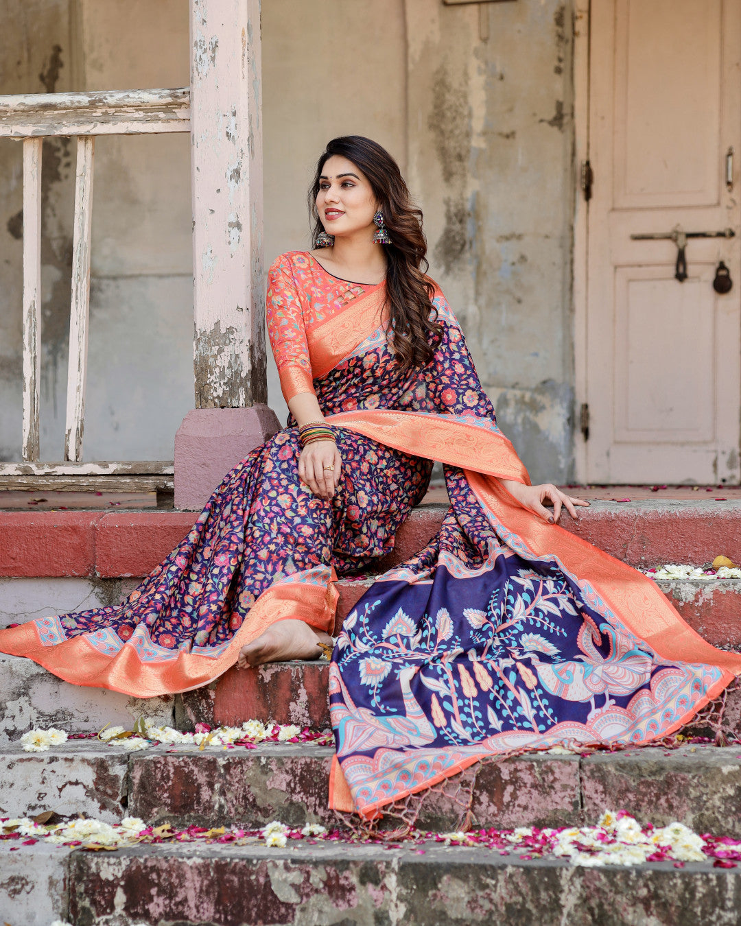 Multi Kalamakari Floral Printed Tussar Silk Saree With Zari Motif Border | Festive Ethnic Wear – JaipurSaaj