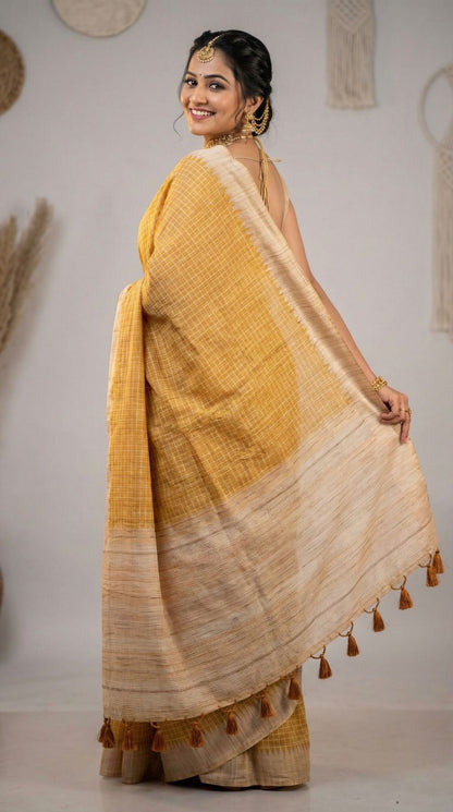 Yellow Tussar Silk Saree With Checks Weaving Work | Office & Festive Wear – JaipurSaaj