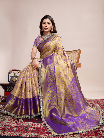 Beige Kanjivaram Silk Saree With Zari Weaving Work | Bridal Wedding Wear – JaipurSaaj