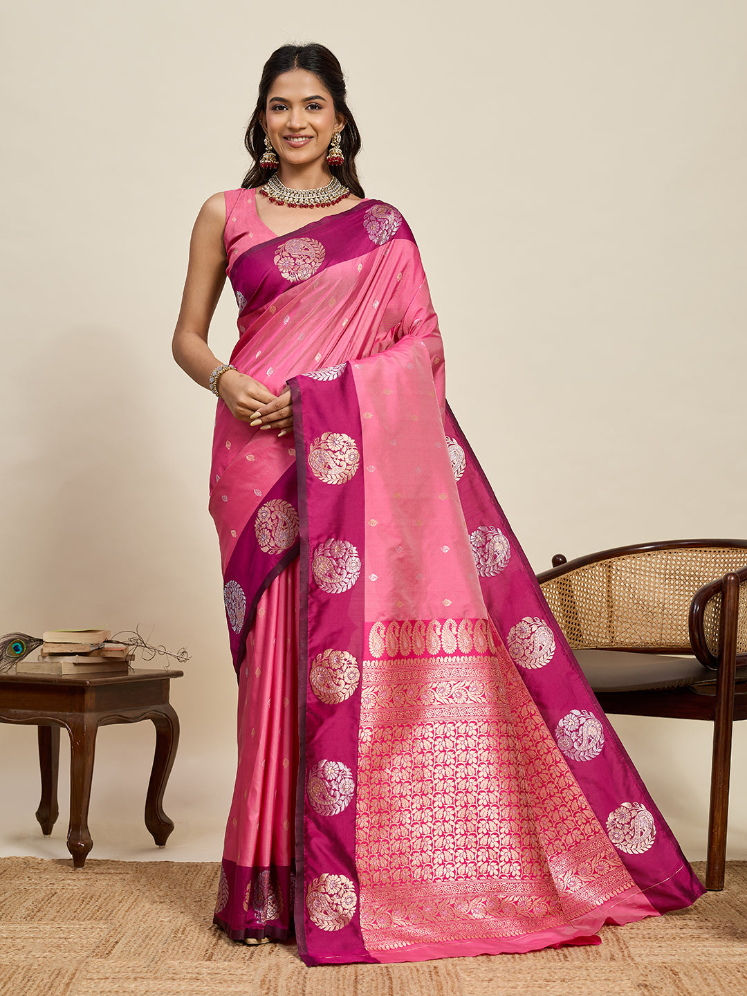 Pink Soft Silk Saree With Silver Banarasi Zari Weaving Work | Festive Wear – JaipurSaaj