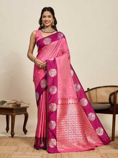 Pink Soft Silk Saree With Silver Banarasi Zari Weaving Work | Festive Wear – JaipurSaaj