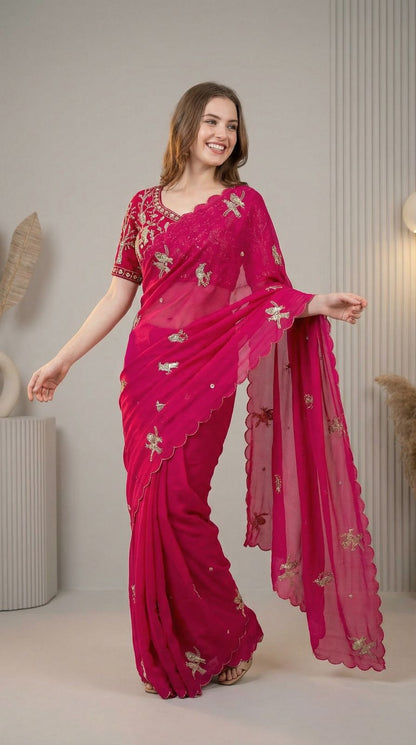 Pink Fandy Satin Silk Saree With Heavy Shine Hand Work & Cutwork Border | Wedding & Party Wear - JaipurSaaj