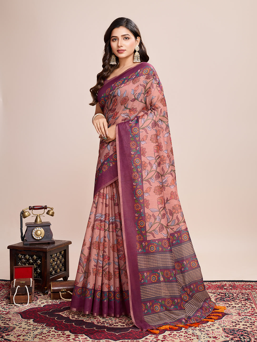 Multi Soft Linen Cotton Saree With Kalamkari Printed Work